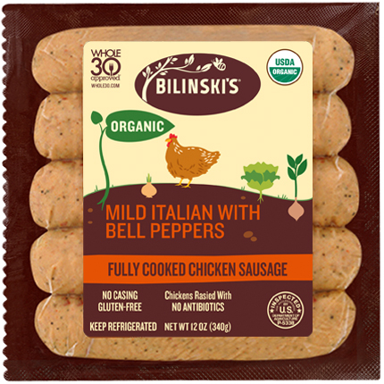Bilinski's Organic Chicken Sausage, Mild Italian with Bell Peppers