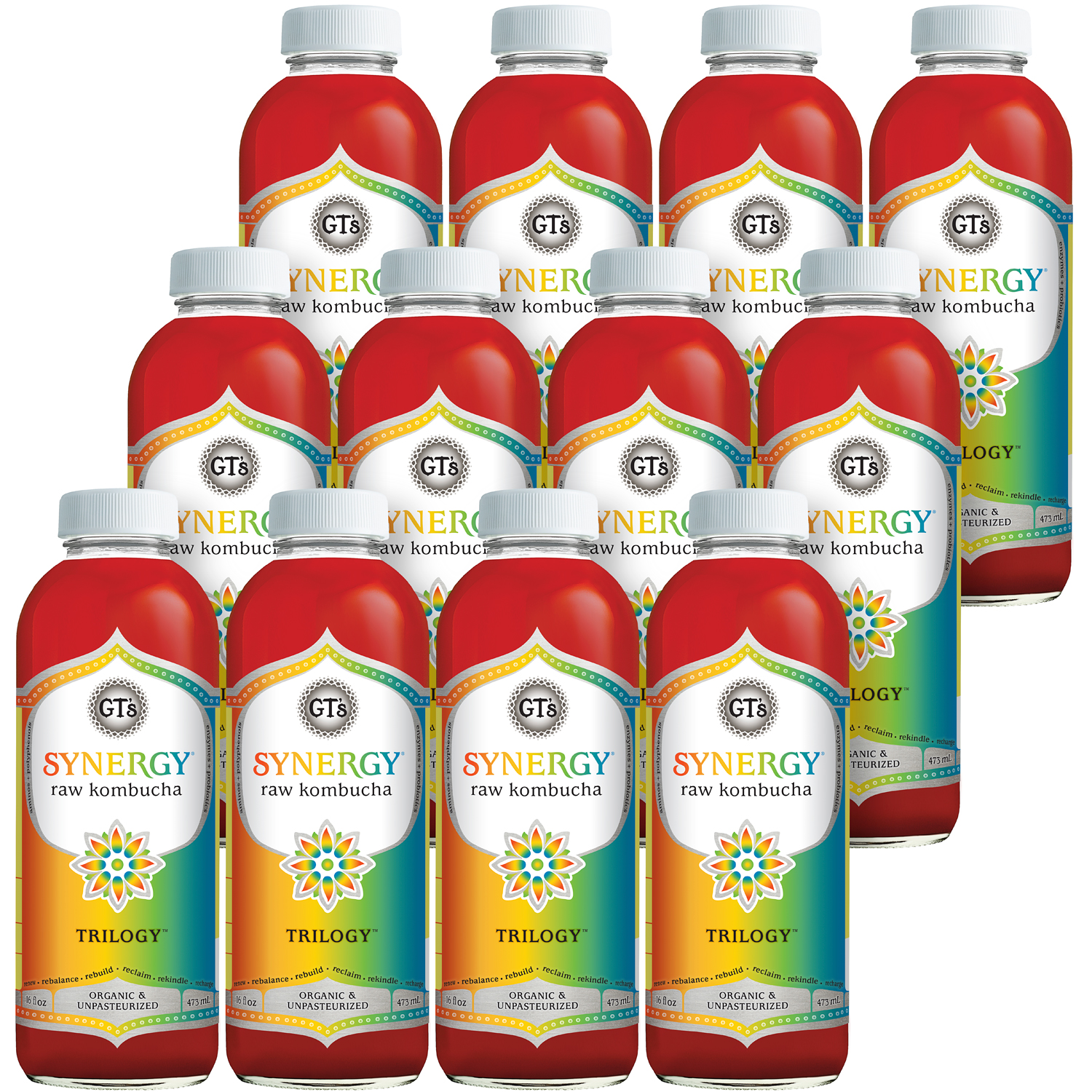GT's Synergy Organic Raw Kombucha, Trilogy, Glass Bottles
