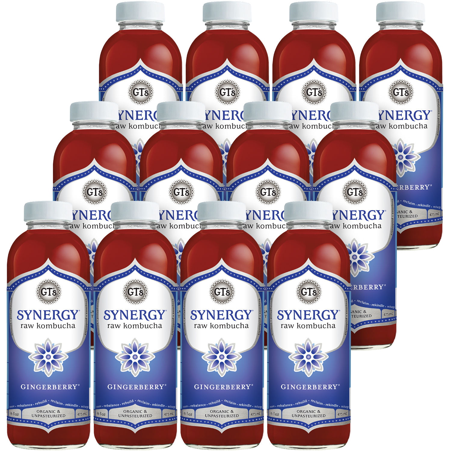 GT's Synergy Organic Raw Kombucha, Gingerberry, Glass Bottles
