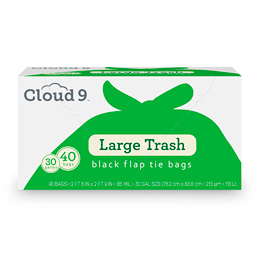 Cloud 9 Black Flap Tie Large Trash Bags, 30 Gallon