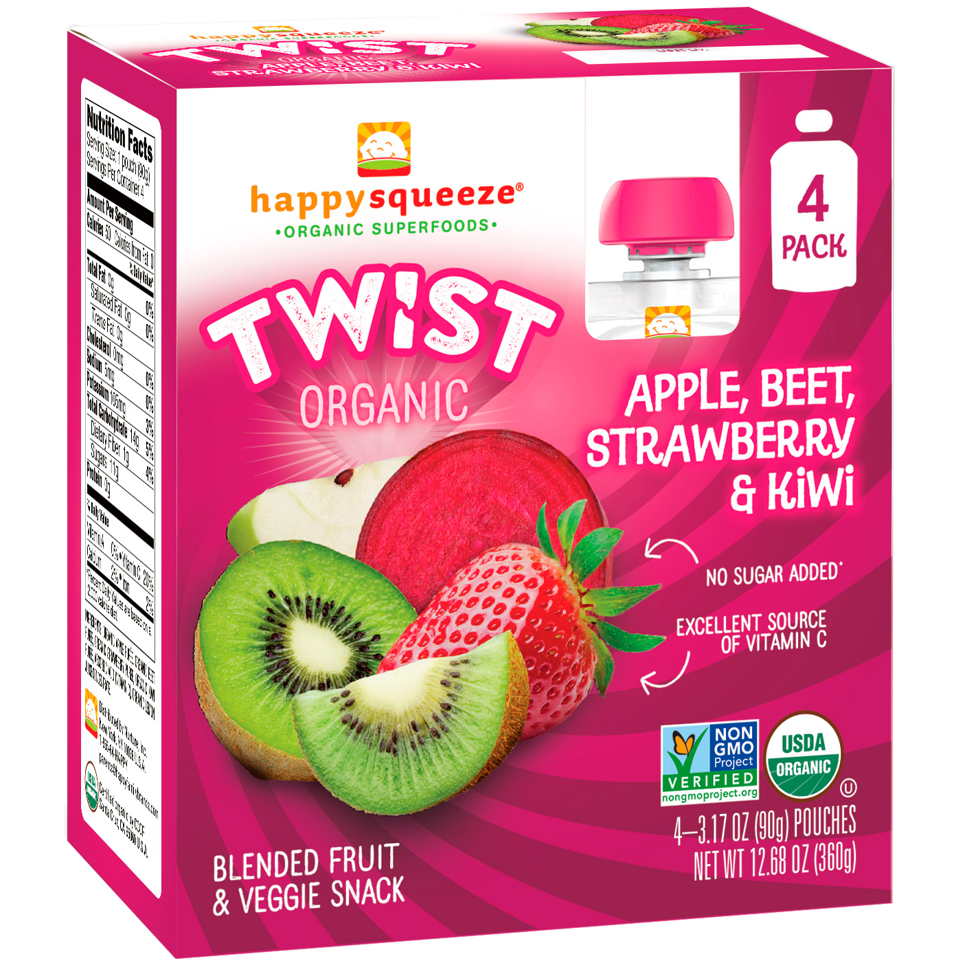 Happy Family Happy Squeeze Twist Organic Blended Fruit and Veggie Snack, Apple, Beet, Strawberry, and Kiwi