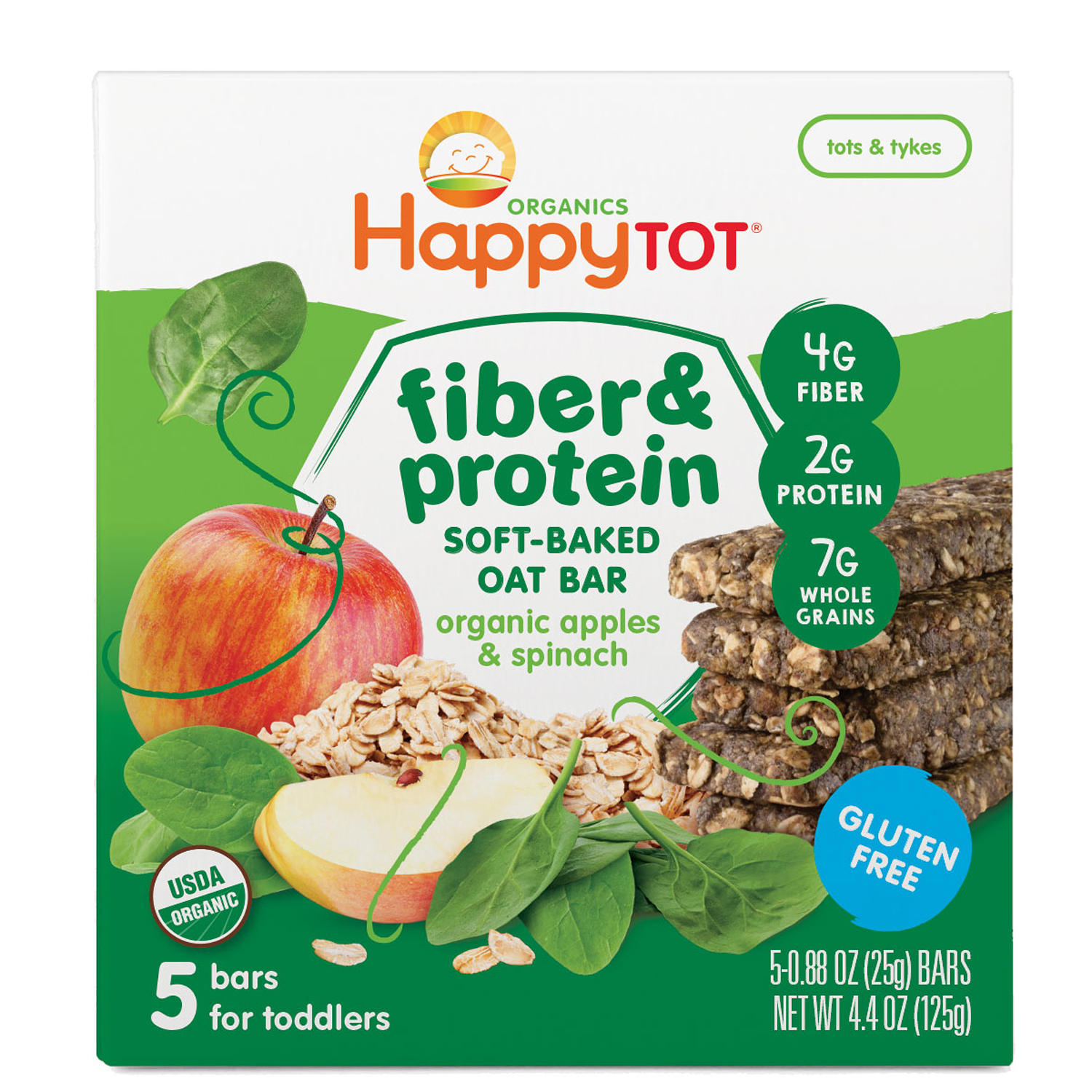 Happy Family Happy Tot Fiber and Protein Soft-Baked Oat Bars, Organic Apples and Spinach