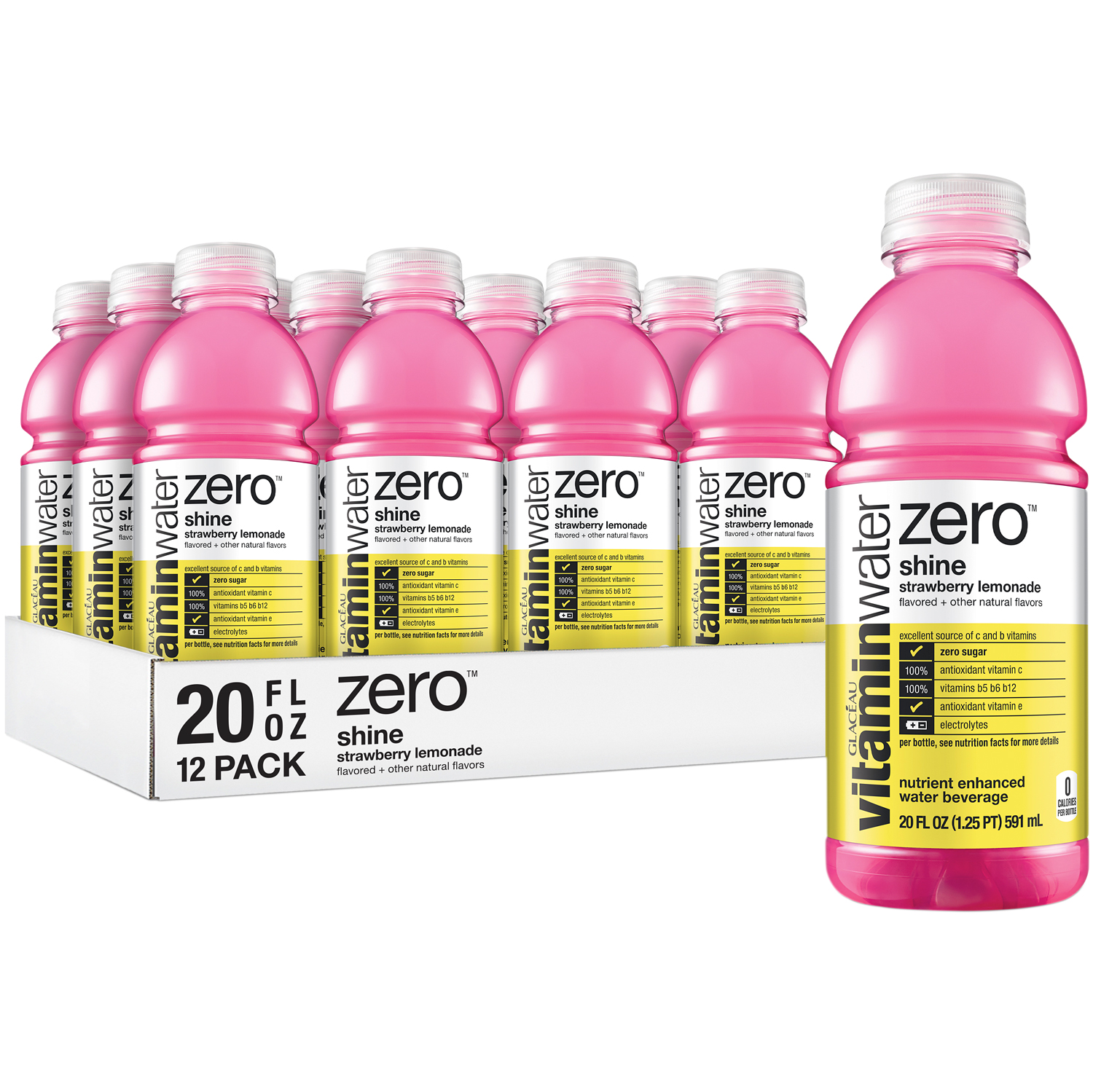 vitaminwater zero nutrient enhanced water beverage, shine (strawberry lemonade), Plastic Bottles