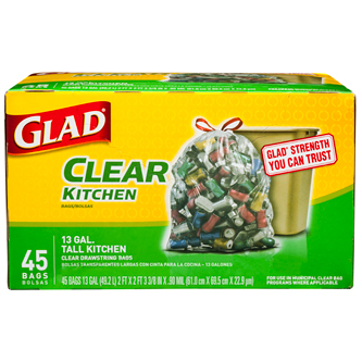 Glad Recycling Tall Kitchen Clear Drawstring Trash Bags, 13 Gallon