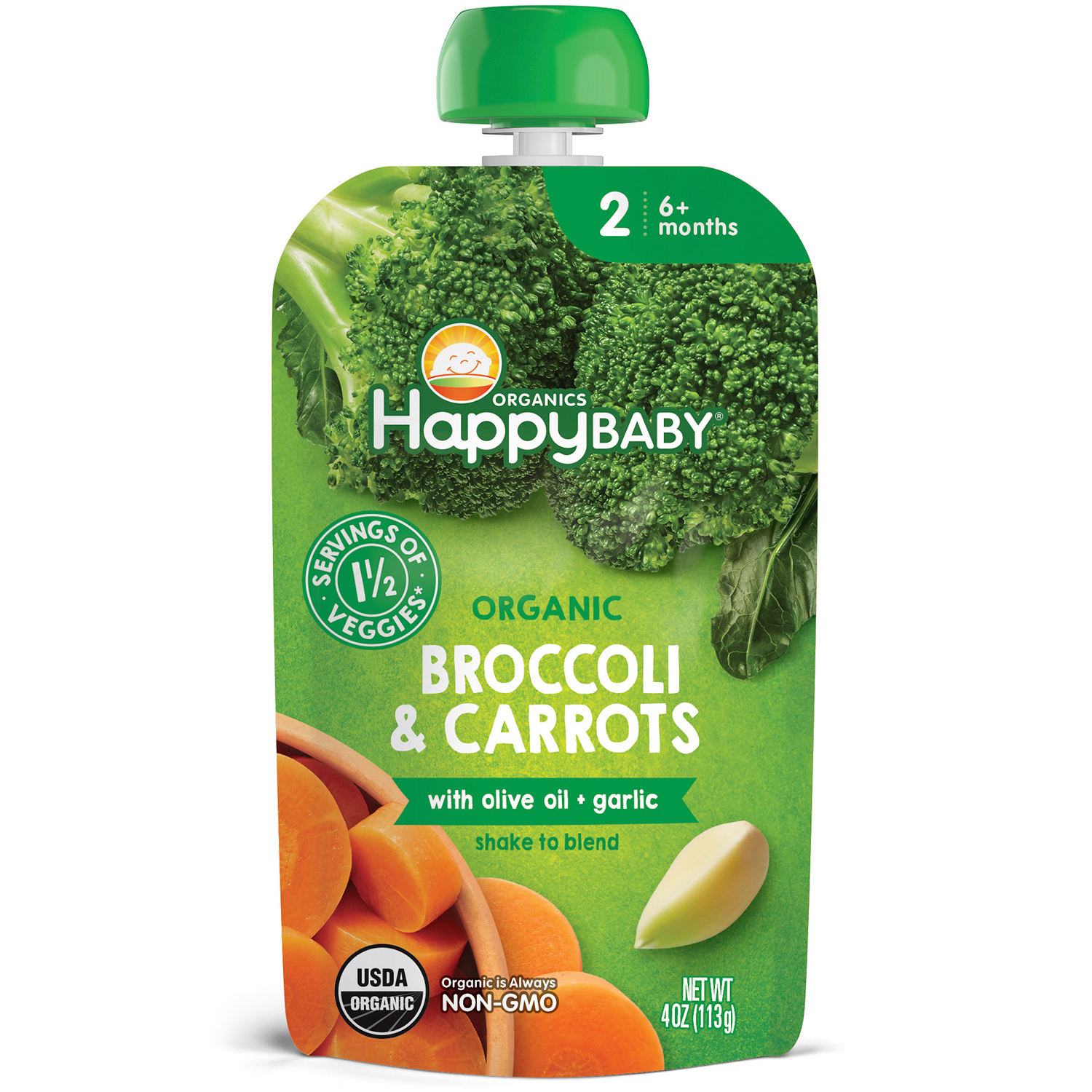 Happy Family Happy Baby Stage 2 Organic Baby Food, Broccoli & Carrots with Olive Oil + Garlic