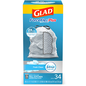 Glad ForceFlexPlus Tall Kitchen Drawstring Trash Bags, Febreze Fresh Clean, 13 Gallon