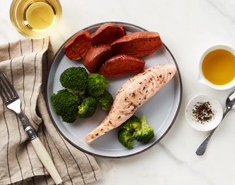 FreshDirect Salmon with Sweet Potatoes and Broccoli, Single Serving Meal