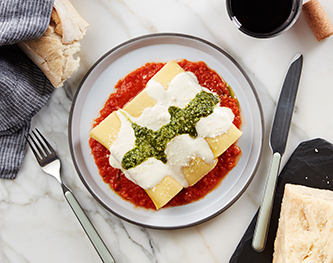 FreshDirect Cheese Manicotti with Alfredo, Pesto and Tomato Sauce, Single Serving Meal
