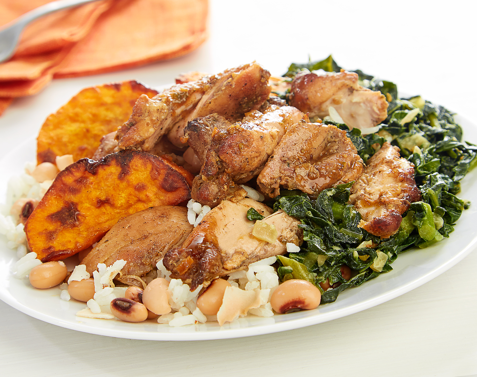 FreshDirect Jerk Chicken with Kale, Yams, and Coconut Rice, Single Serving Meal, image 1 of 2 slides