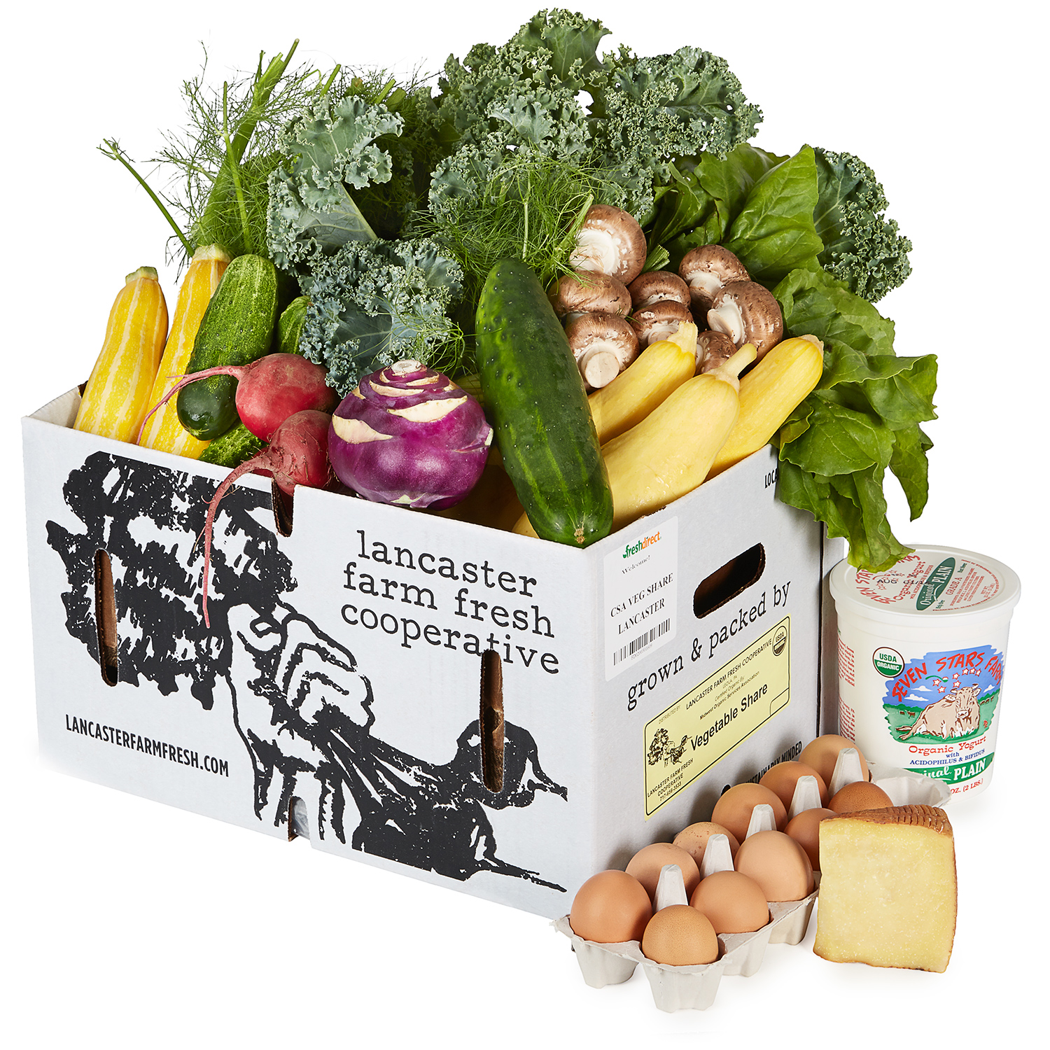 Lancaster Farm Fresh Cooperative Local Vegetables Farm Share with Eggs, Mushrooms, Cheese and Yogurt 